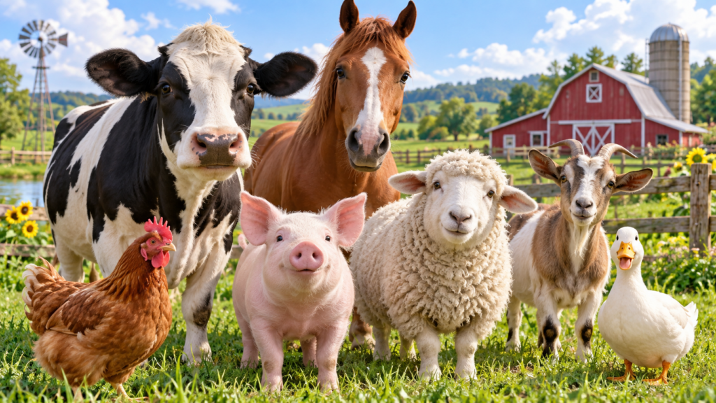 animales de granja sobre el cesped