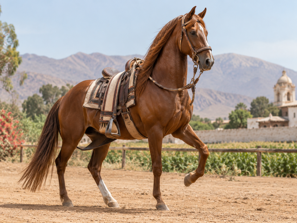 Caballo Peruano de Paso en un paisaje del Perú