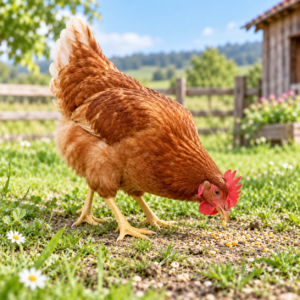 Gallina buscando alimento en el suelo