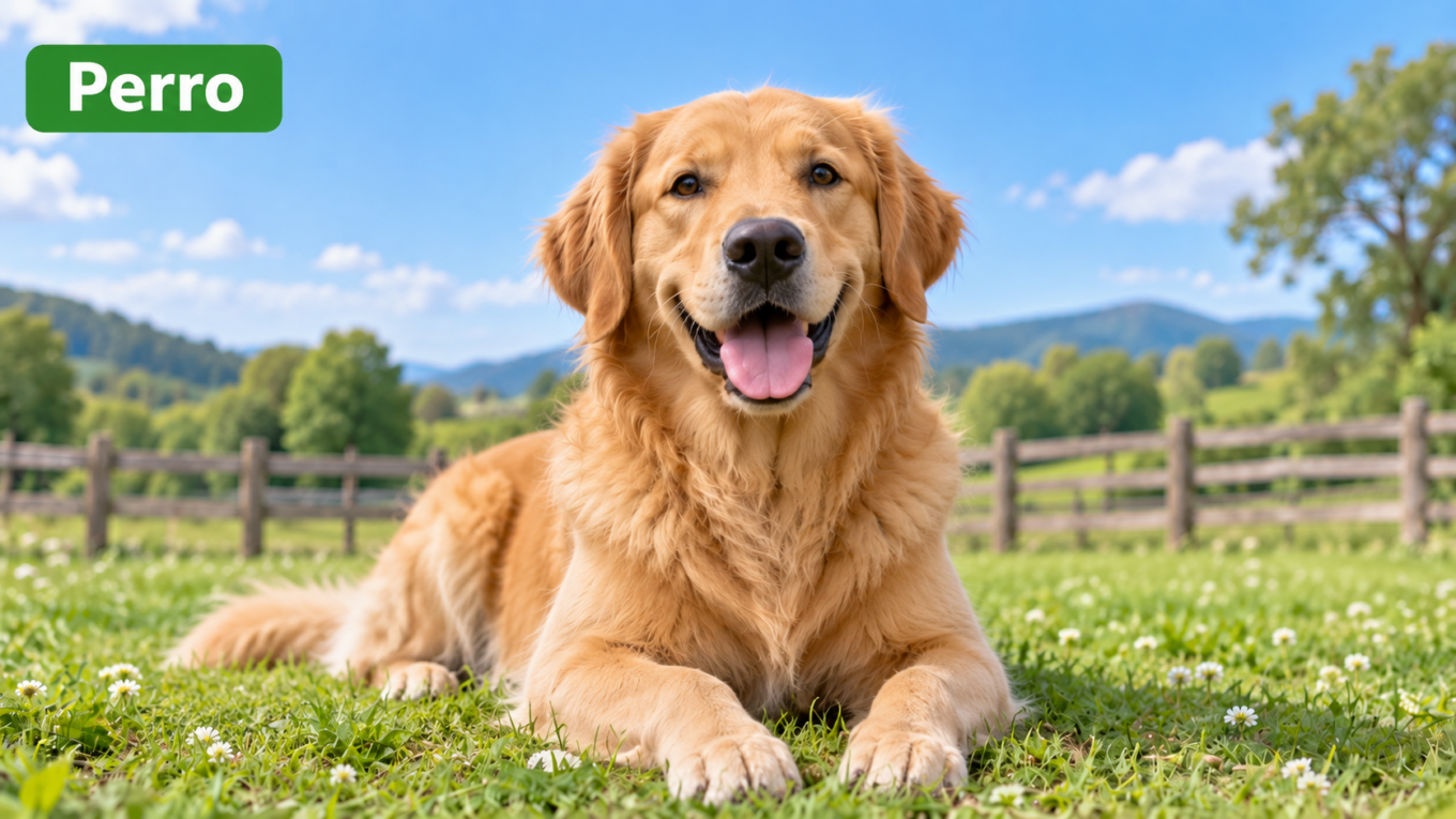 Perro doméstico descansando sobre el césped