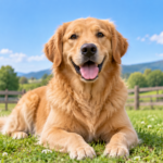 Perro doméstico descansando sobre el césped