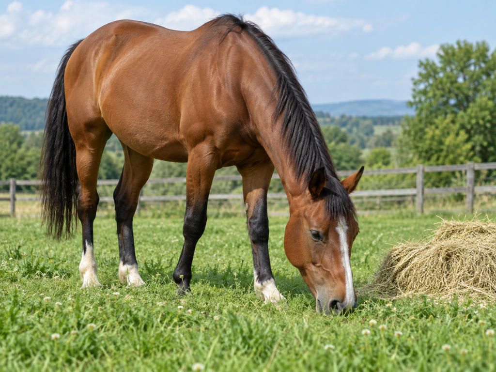 Caballo comiendo pasto y heno en un campo
